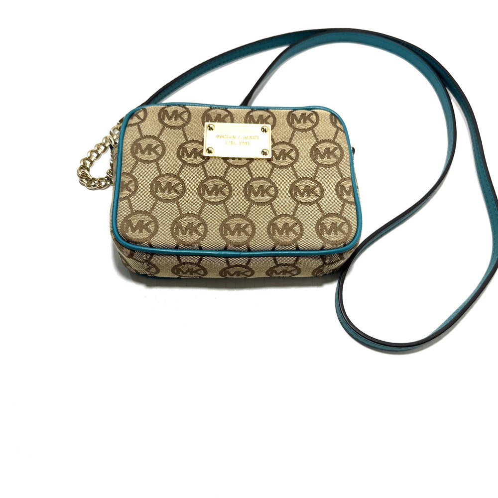 Michael Kors Logo Jet Set Camera Crossbody DK Beige Print /Leather Teal Trim